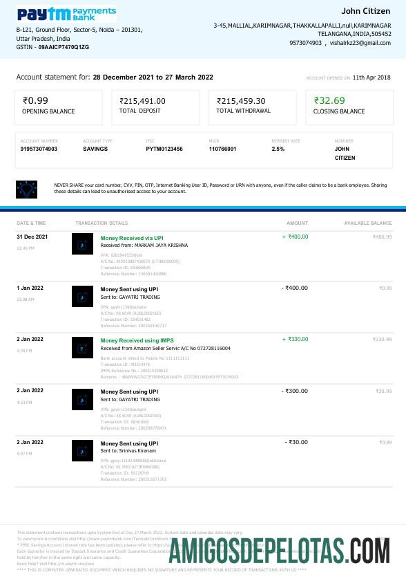 Extrato bancário de pagamentos da Índia Paytm para download, modelo Word e PDF, 2 páginas